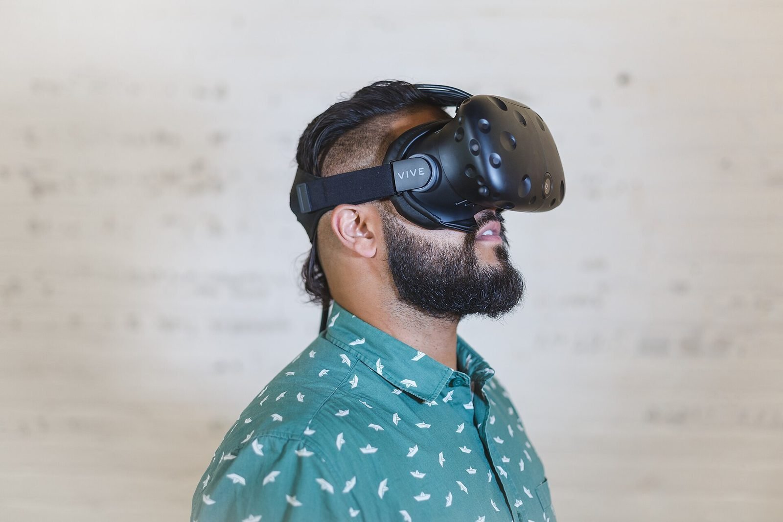 Profile of a man wearing a VR headset